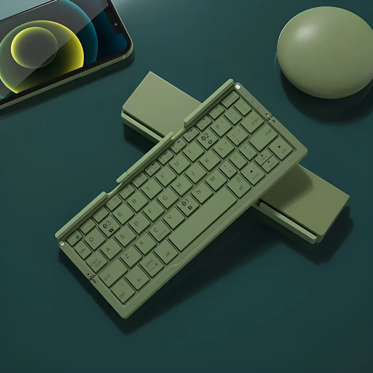 Mini folding Bluetooth keyboard in silver white with hidden stand, 60 keys, aluminium alloy housing, open size 202.5 mm