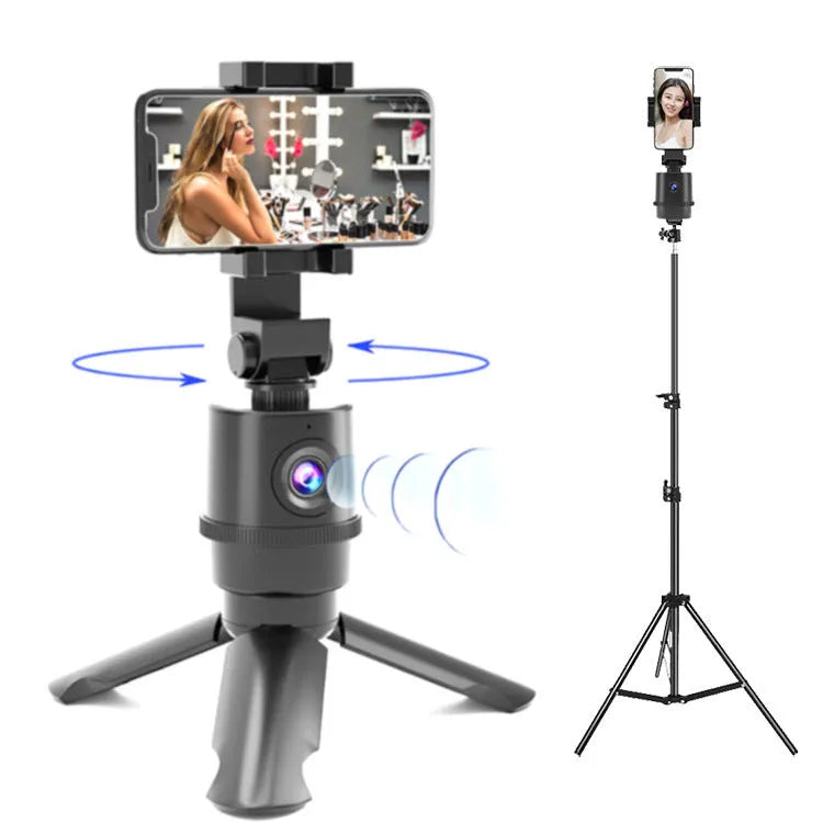 360-degree rotating AI tracking smartphone bracket on a desk for hands-free filming.