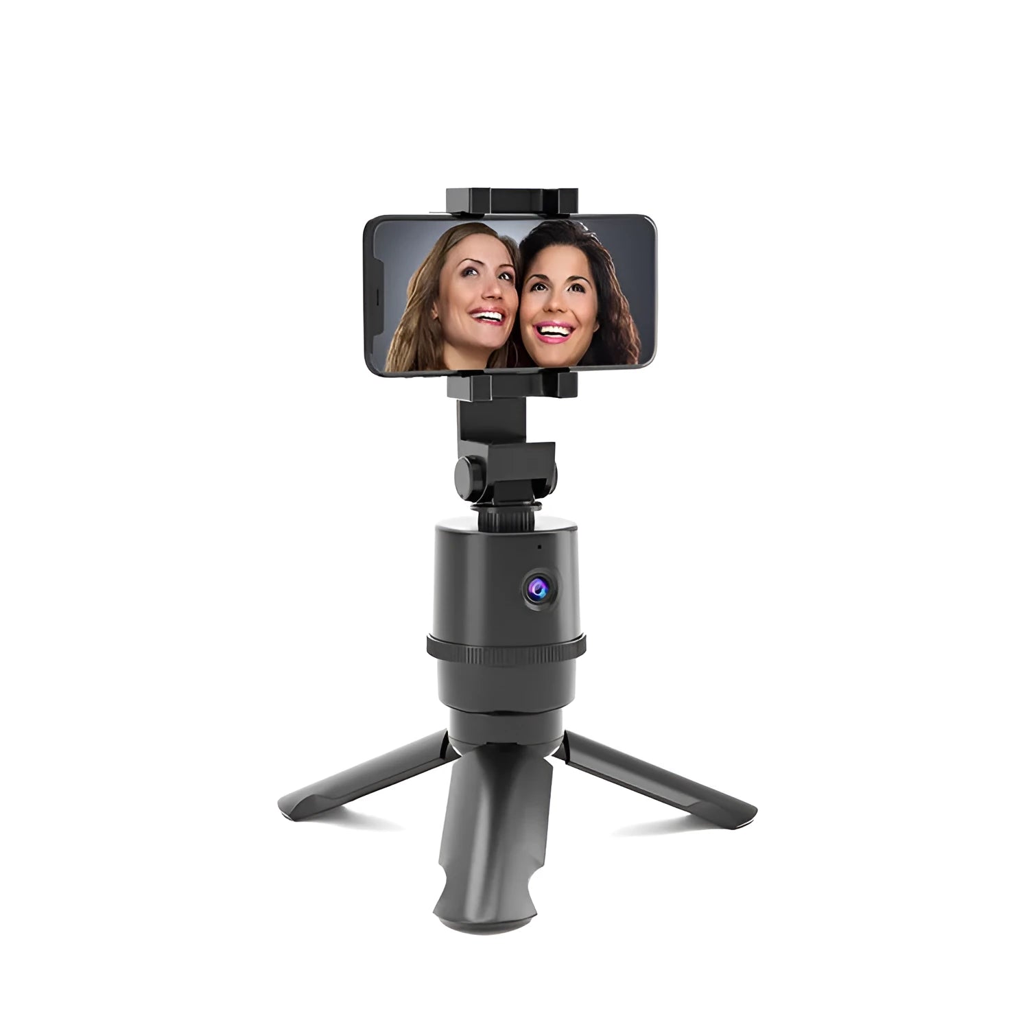 360-degree rotating AI tracking smartphone bracket on a desk for hands-free filming.