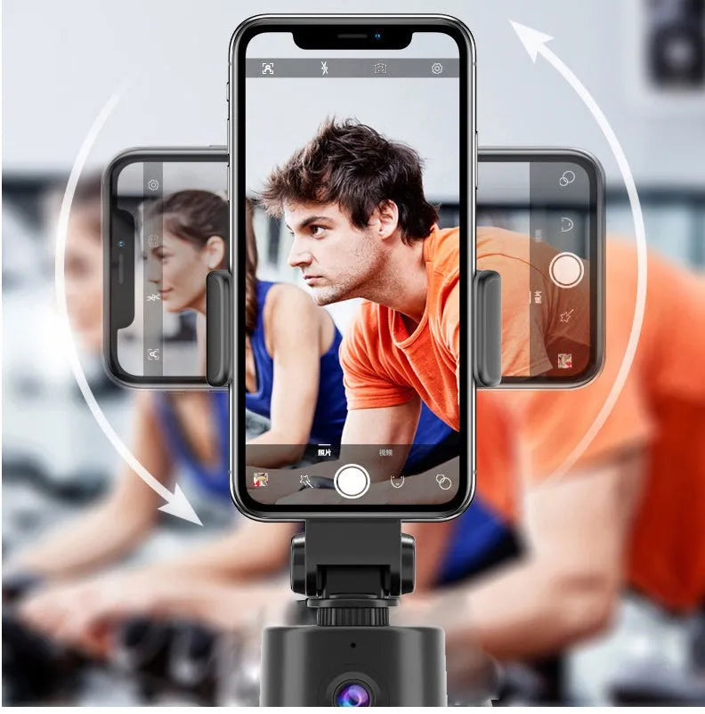 360-degree rotating AI tracking smartphone bracket on a desk for hands-free filming.