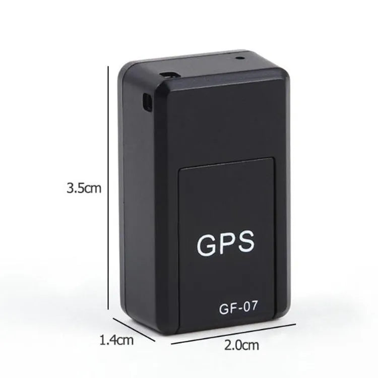 Small black magnetic GPS car tracker device with USB charging cable.