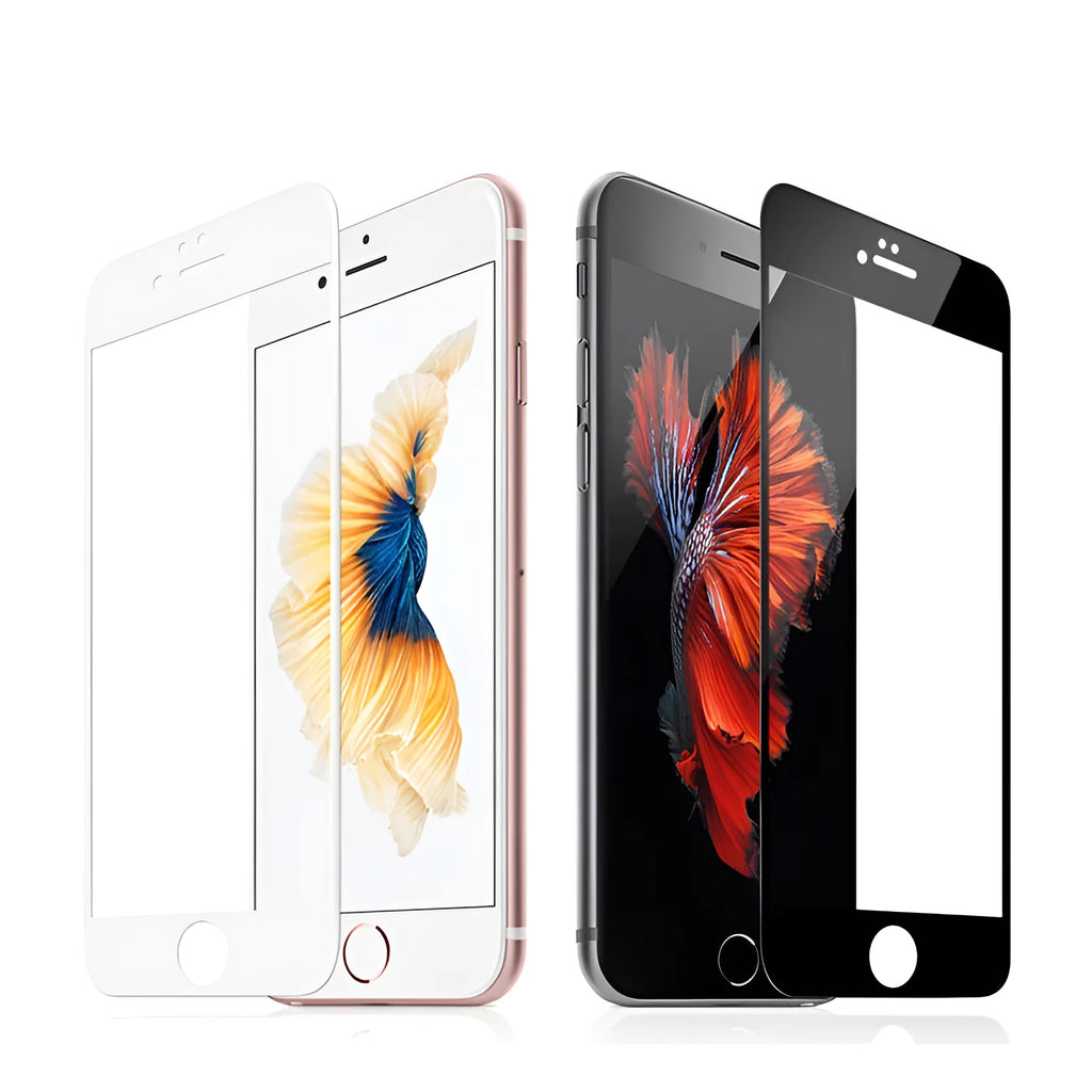 Three-pack of black and white tempered glass screen protectors for iPhone models on a clean surface.