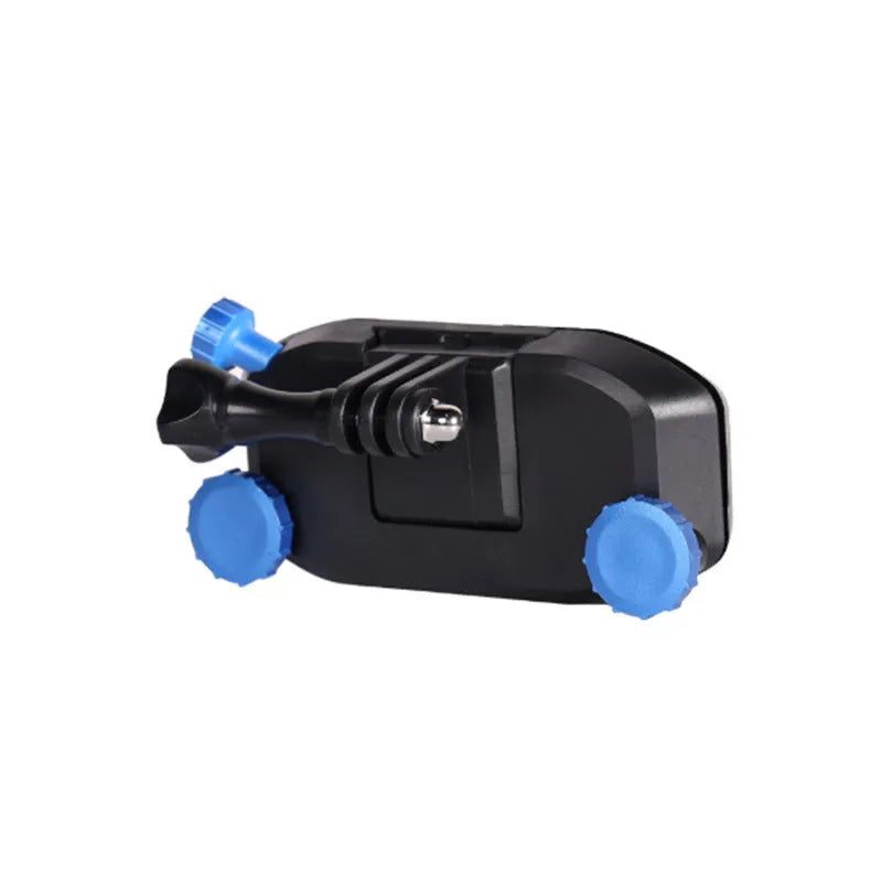 Plastic backpack clip for mounting sports cameras to straps, shown in blue colour option