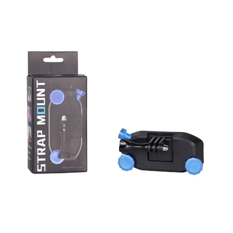 Plastic backpack clip for mounting sports cameras to straps, shown in blue colour option