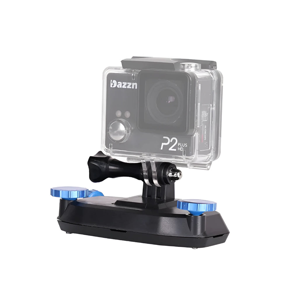 Plastic backpack clip for mounting sports cameras to straps, shown in blue colour option