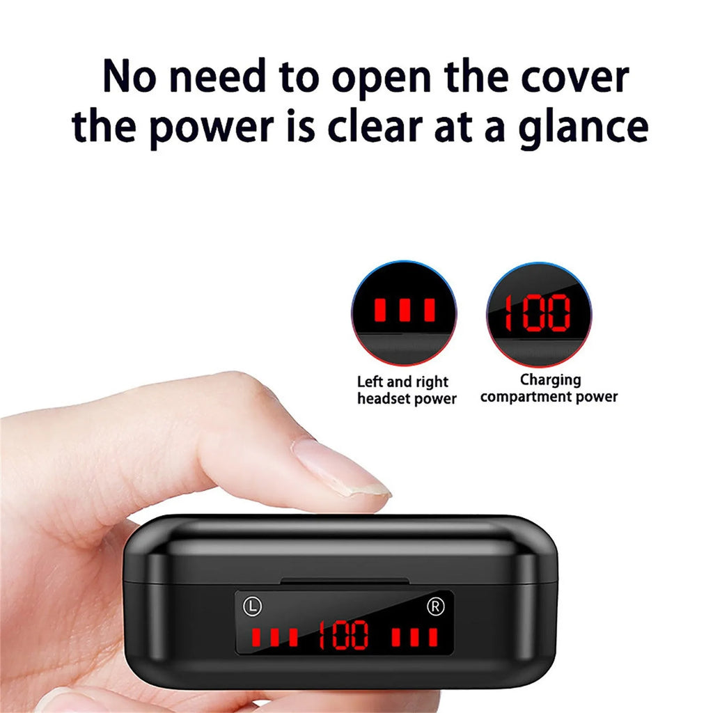 V7 LED button version wireless Bluetooth TWS earphones with charging case and silicone ear tips.
