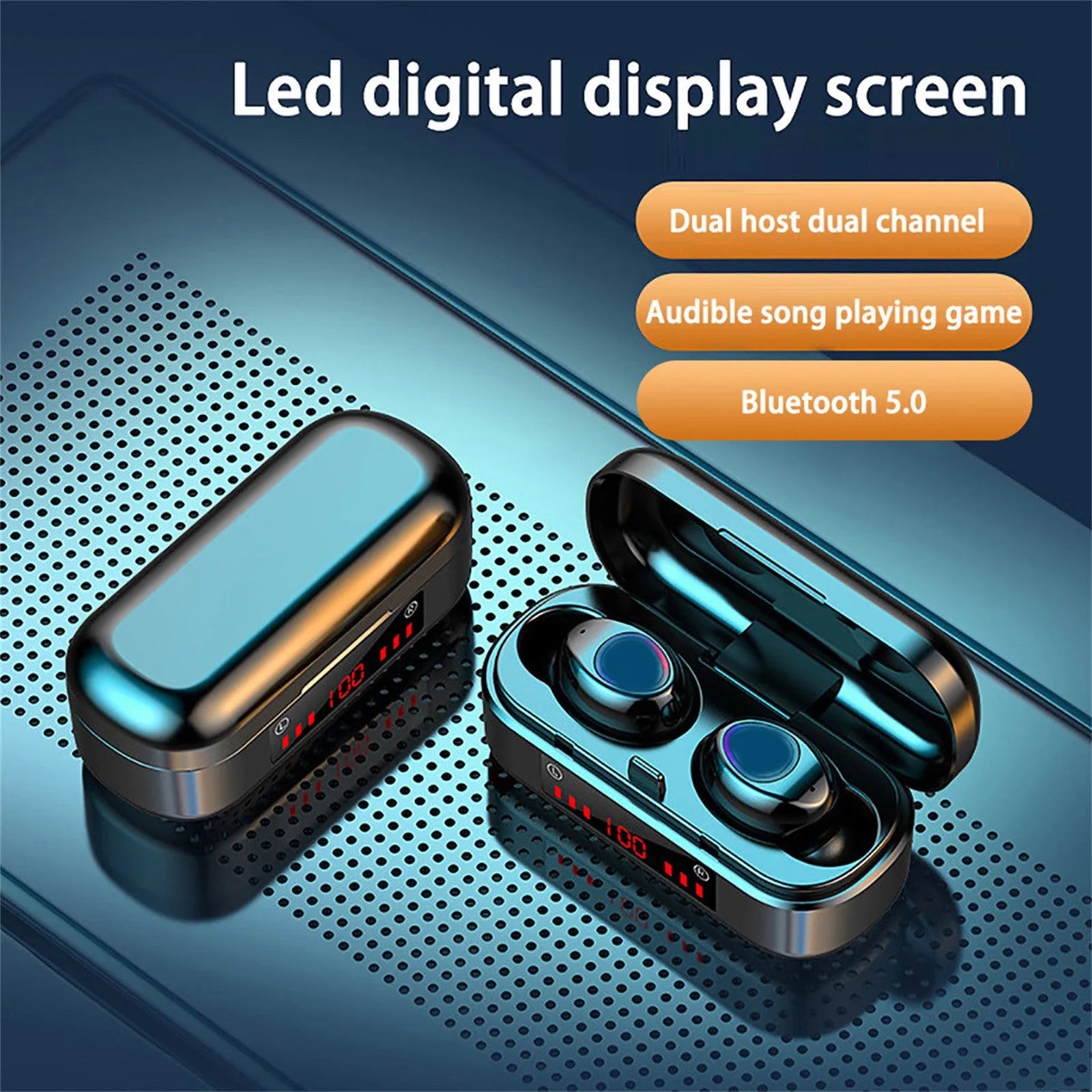 V7 LED button version wireless Bluetooth TWS earphones with charging case and silicone ear tips.