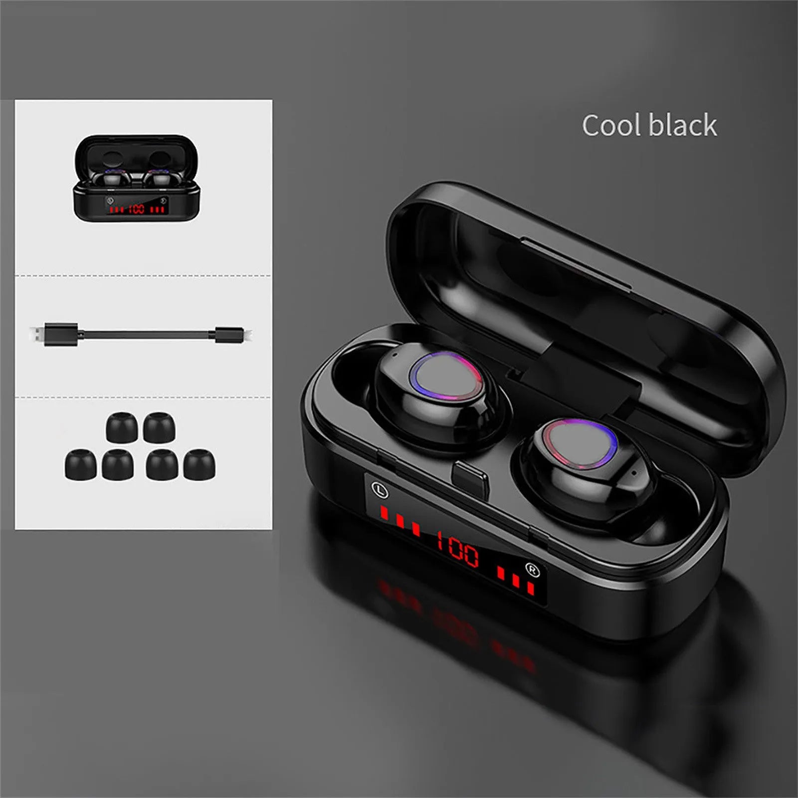 V7 LED button version wireless Bluetooth TWS earphones with charging case and silicone ear tips.