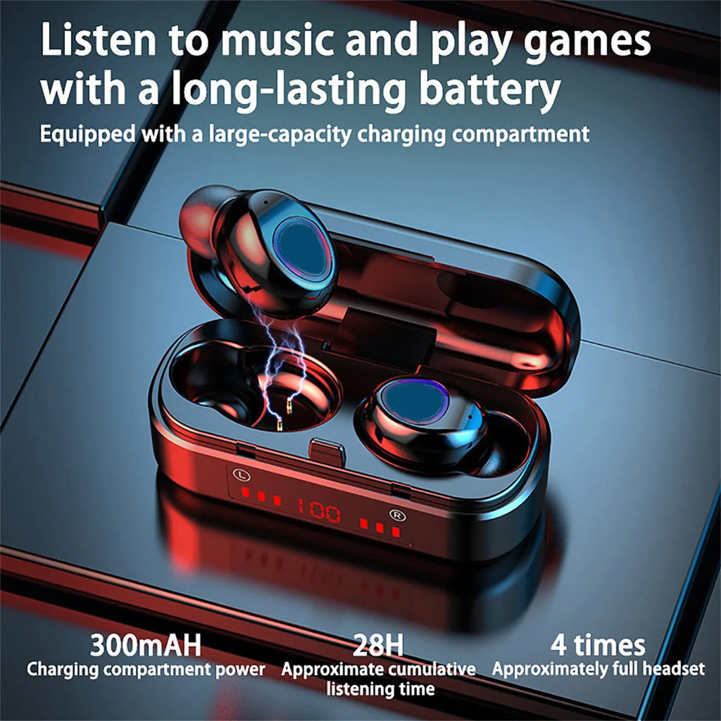V7 LED button version wireless Bluetooth TWS earphones with charging case and silicone ear tips.