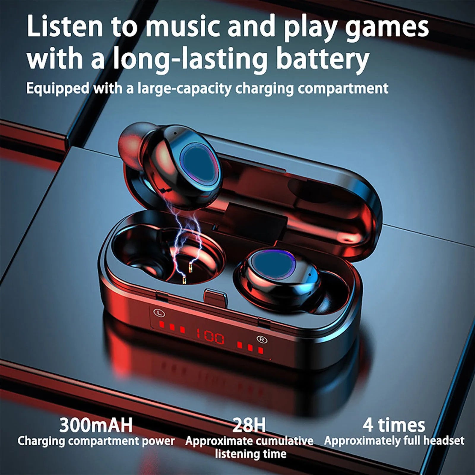 V7 LED button version wireless Bluetooth TWS earphones with charging case and silicone ear tips.