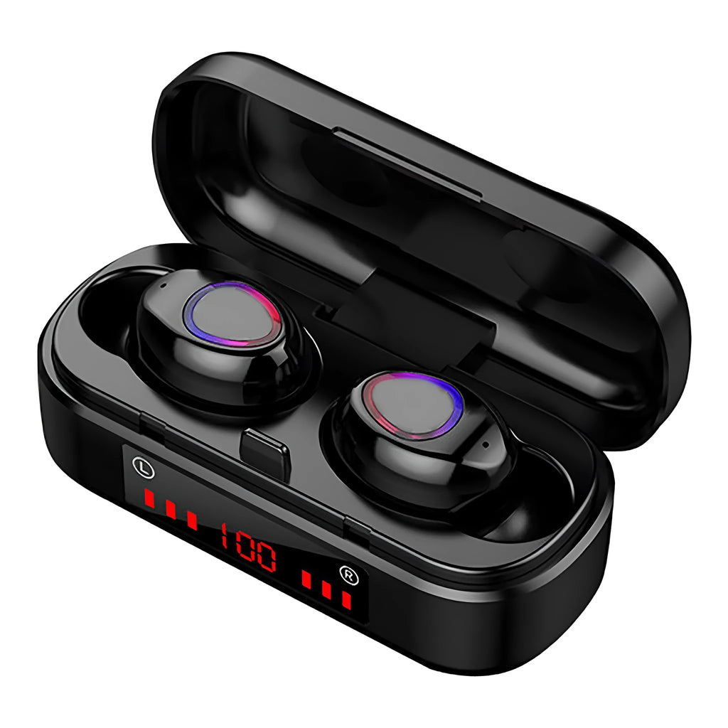 V7 LED button version wireless Bluetooth TWS earphones with charging case and silicone ear tips.