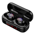 V7 LED button version wireless Bluetooth TWS earphones with charging case and silicone ear tips.