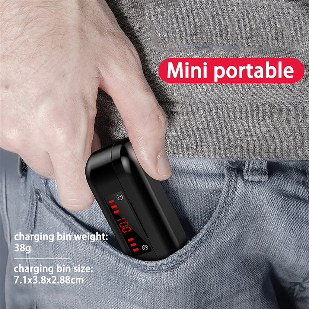 V7 LED button version wireless Bluetooth TWS earphones with charging case and silicone ear tips.