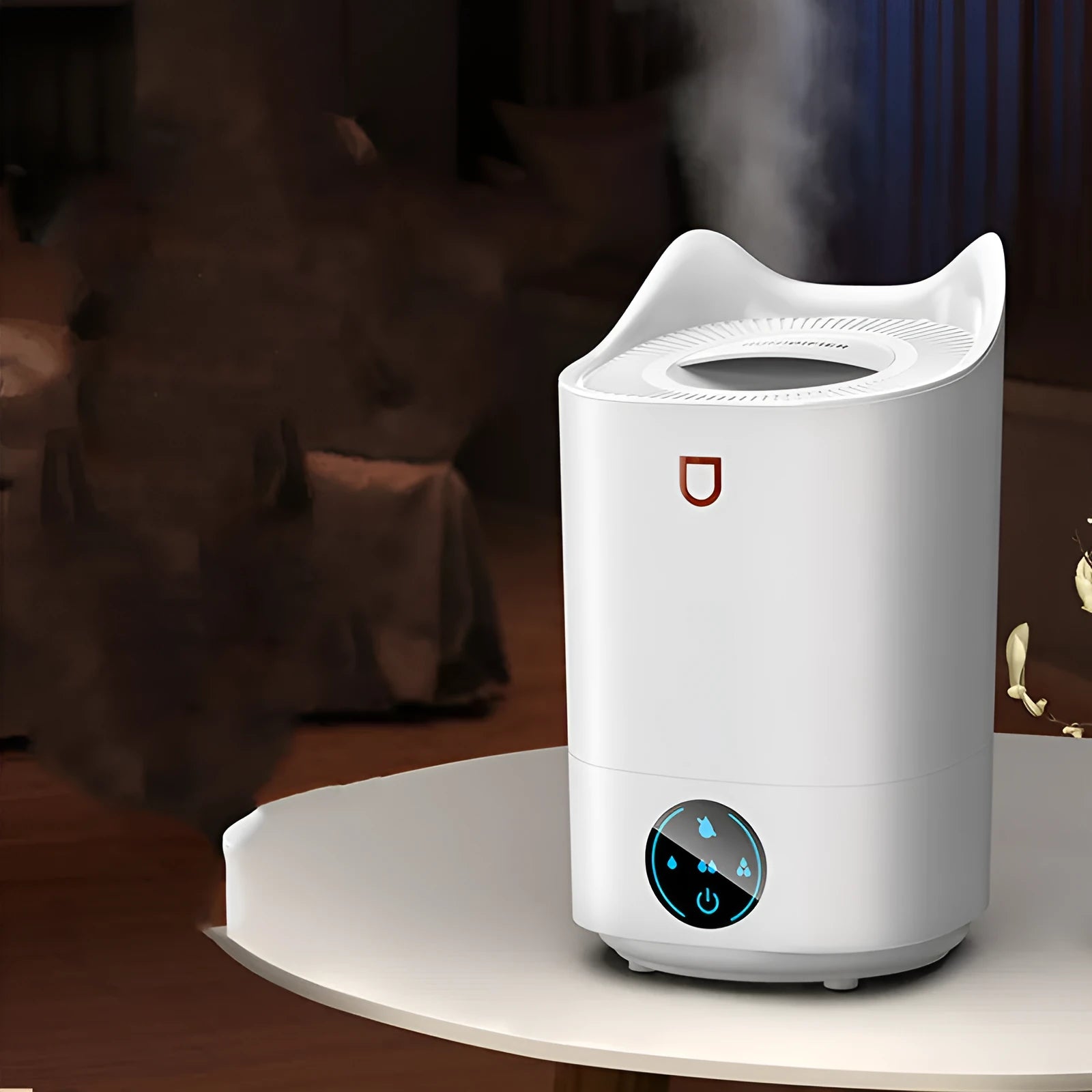 Double spray humidifier with USB cable and three mist outlets in coral pink or white for bedroom use.