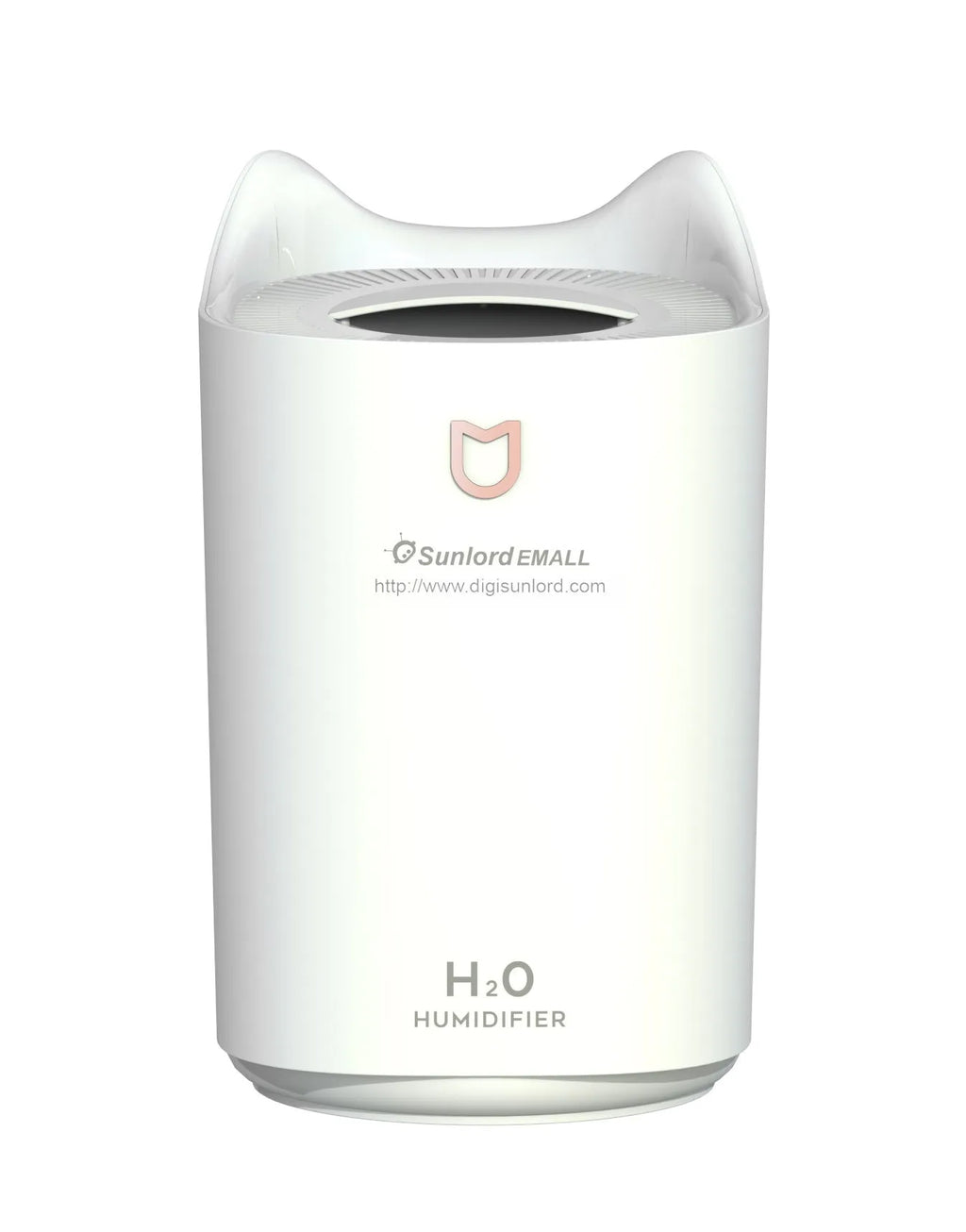 Double spray humidifier with USB cable and three mist outlets in coral pink or white for bedroom use.