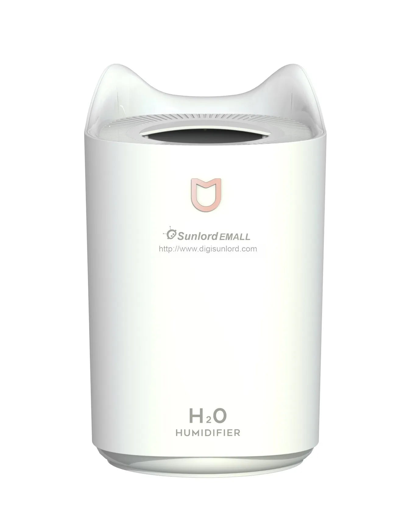 Double spray humidifier with USB cable and three mist outlets in coral pink or white for bedroom use.