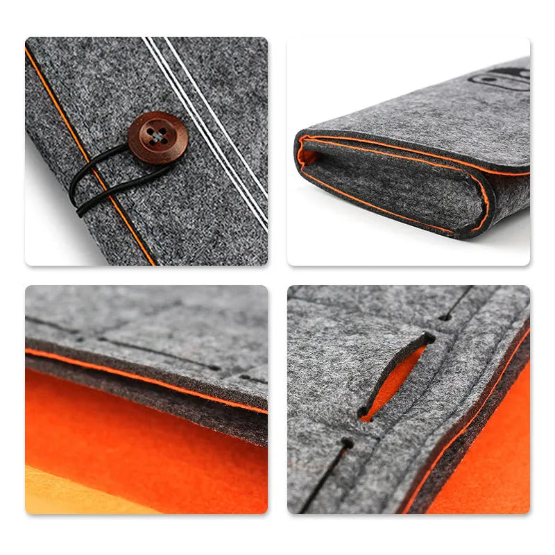 Black felt pouch case for Nintendo Switch open to show console compartment and 5 game card slots.