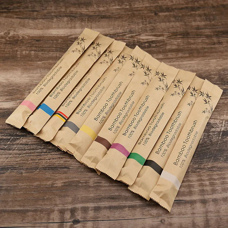 Set of 10 natural bamboo toothbrushes with charcoal soft bristles in multiple colours