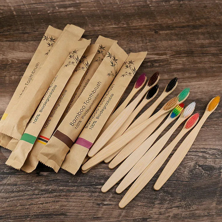 Set of 10 natural bamboo toothbrushes with charcoal soft bristles in multiple colours