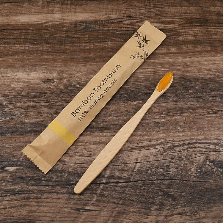 Set of 10 natural bamboo toothbrushes with charcoal soft bristles in multiple colours