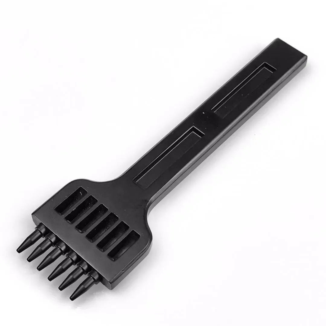 Black leather round hole punch tool with multiple tooth configurations showing 4mm spacing between teeth