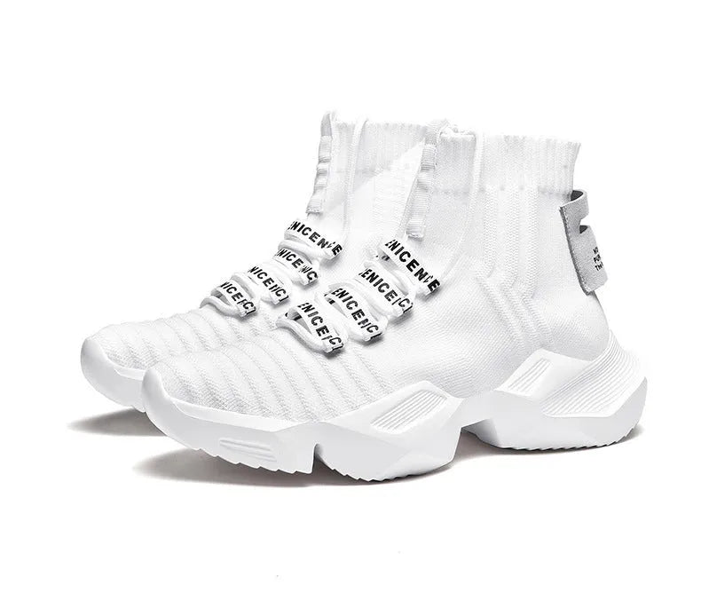 Men's black and white casual sports shoes with mesh lining, shown in large sizes