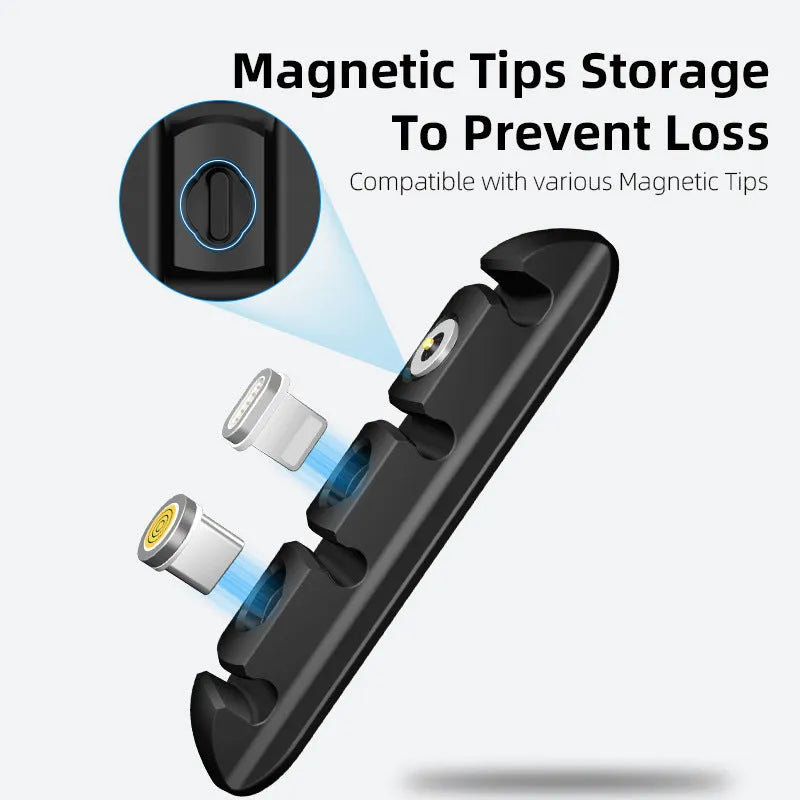 Black soft plastic desktop charging cable organiser with magnetic data cable management system