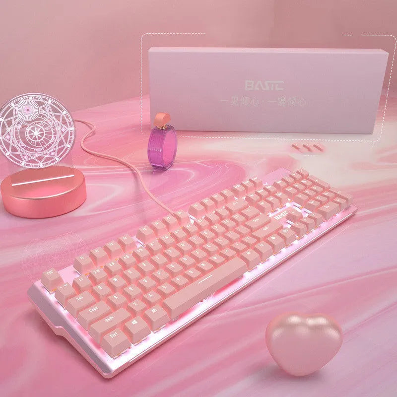 Pink wired mechanical keyboard and mouse set with green or red axis switches for e-sports gaming
