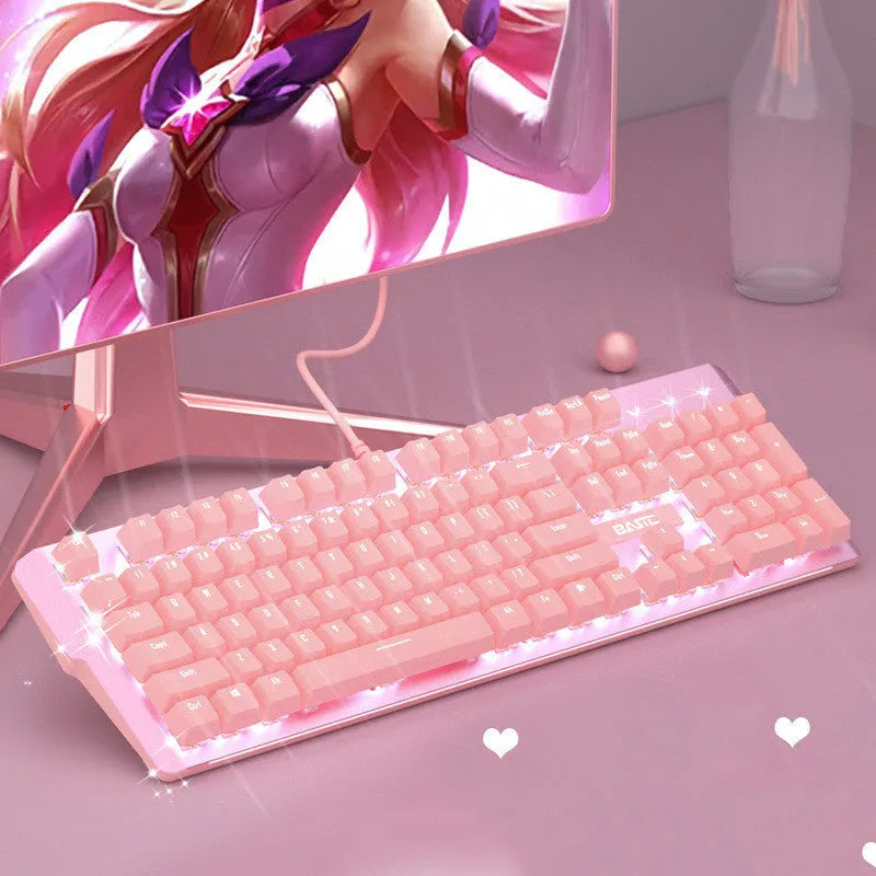 Pink wired mechanical keyboard and mouse set with green or red axis switches for e-sports gaming