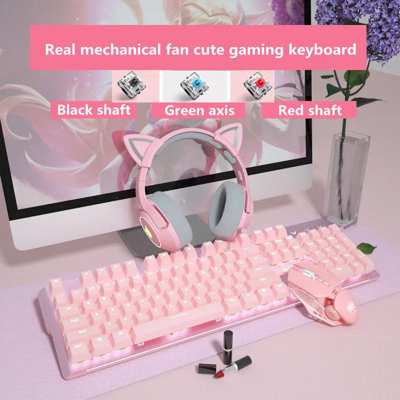 Pink wired mechanical keyboard and mouse set with green or red axis switches for e-sports gaming