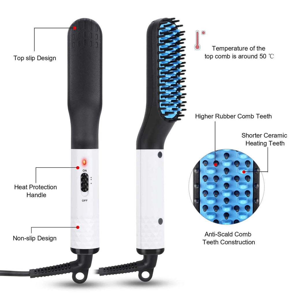 Electric beard straightener hot comb in gold or white with ceramic teeth and MCH heating, 28.5cm box