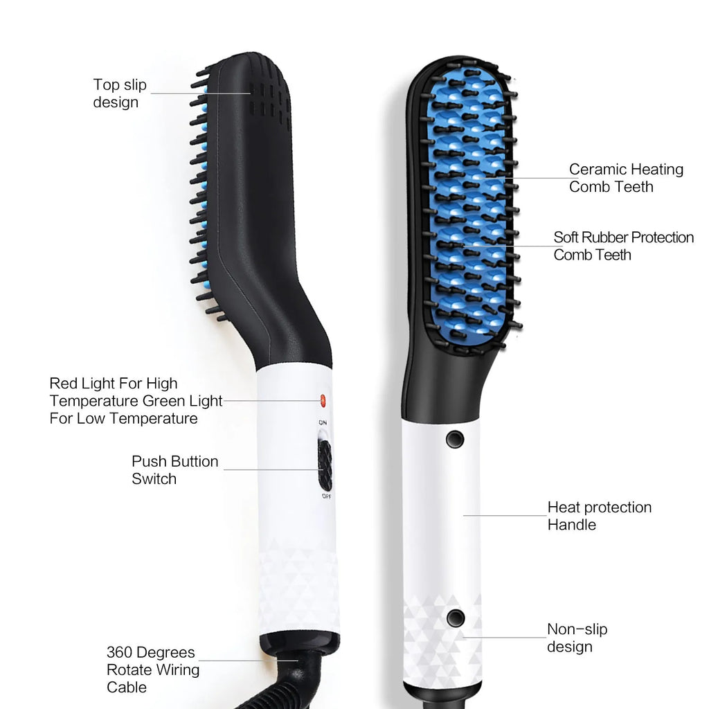 Electric beard straightener hot comb in gold or white with ceramic teeth and MCH heating, 28.5cm box