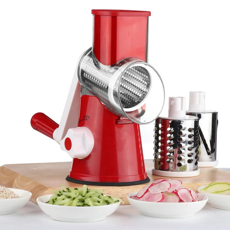 Blue multifunction vegetable chopper kitchen gadget with suction cup base on a countertop.