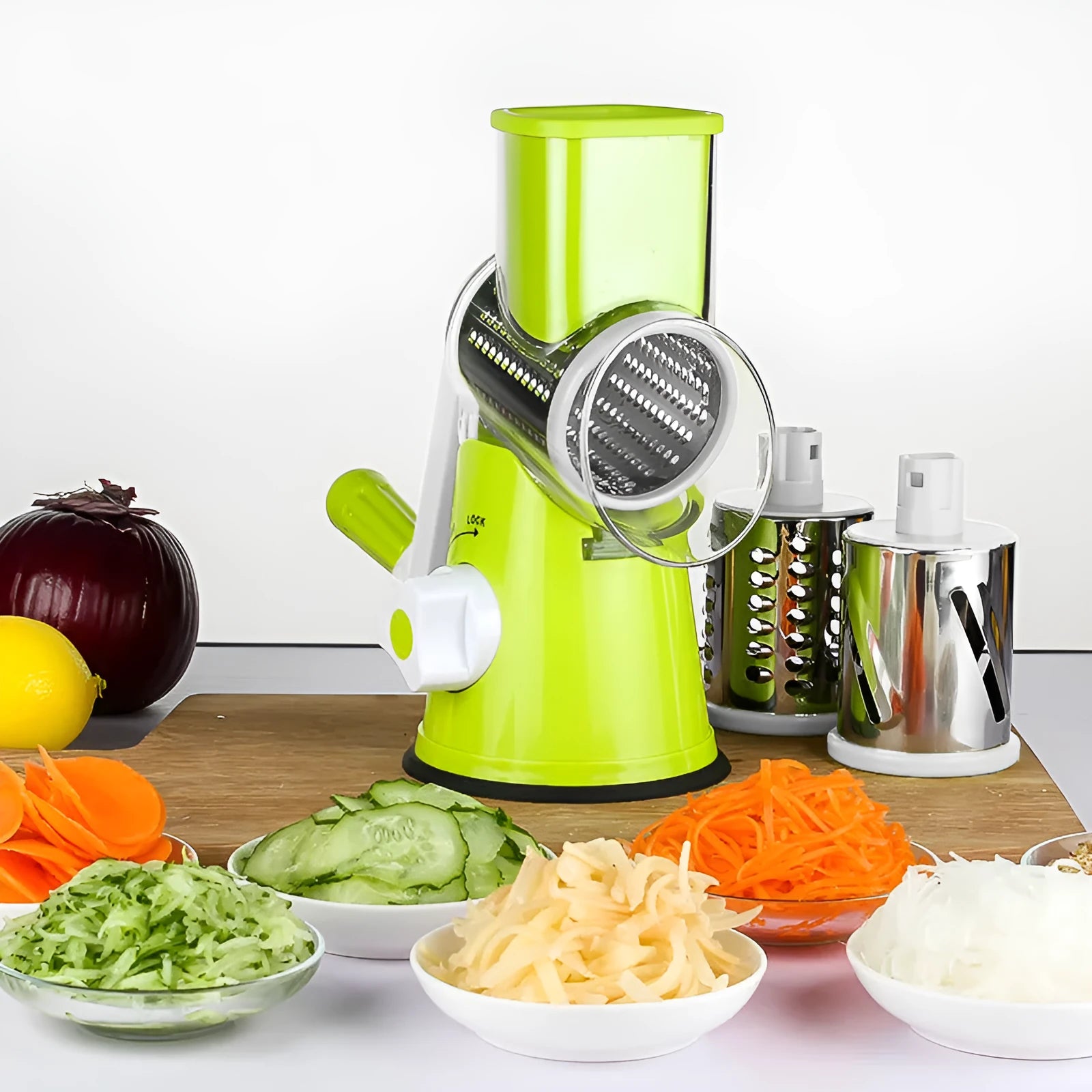 Blue multifunction vegetable chopper kitchen gadget with suction cup base on a countertop.