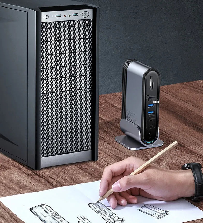 Deep space grey 16-in-1 Type-C docking station with multiple ports and external power supply unit.