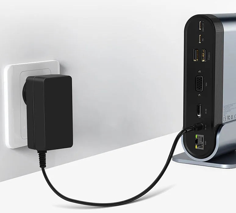 Deep space grey 16-in-1 Type-C docking station with multiple ports and external power supply unit.
