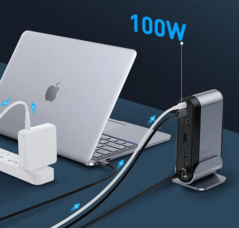 Deep space grey 16-in-1 Type-C docking station with multiple ports and external power supply unit.