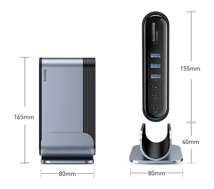 Deep space grey 16-in-1 Type-C docking station with multiple ports and external power supply unit.