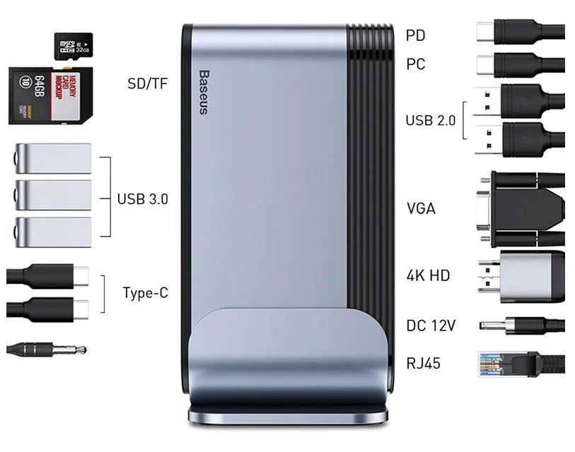 Deep space grey 16-in-1 Type-C docking station with multiple ports and external power supply unit.