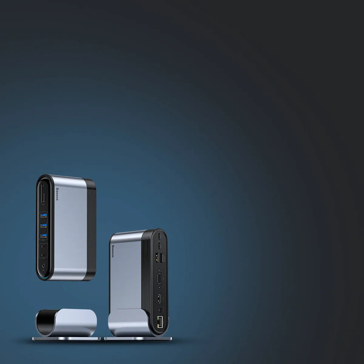 Deep space grey 16-in-1 Type-C docking station with multiple ports and external power supply unit.