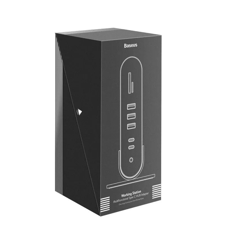 Deep space grey 16-in-1 Type-C docking station with multiple ports and external power supply unit.