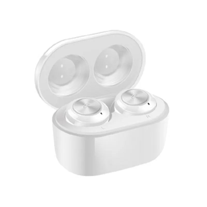Black and white A6 TWS noise cancelling Bluetooth earbuds with charging case.