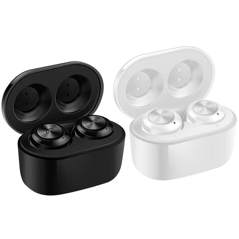 Black and white A6 TWS noise cancelling Bluetooth earbuds with charging case.