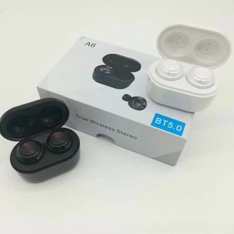 Black and white A6 TWS noise cancelling Bluetooth earbuds with charging case.