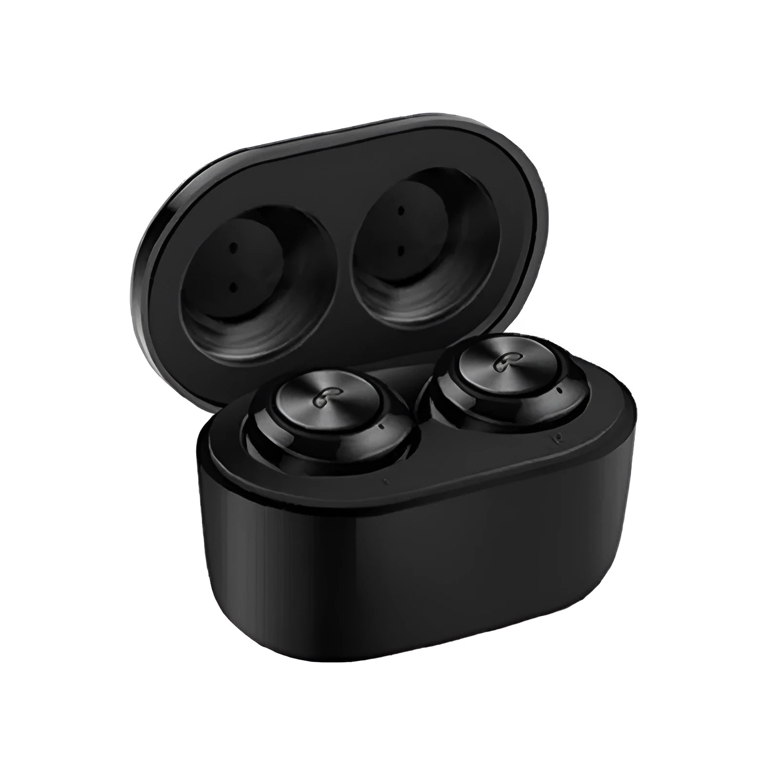 Black and white A6 TWS noise cancelling Bluetooth earbuds with charging case.