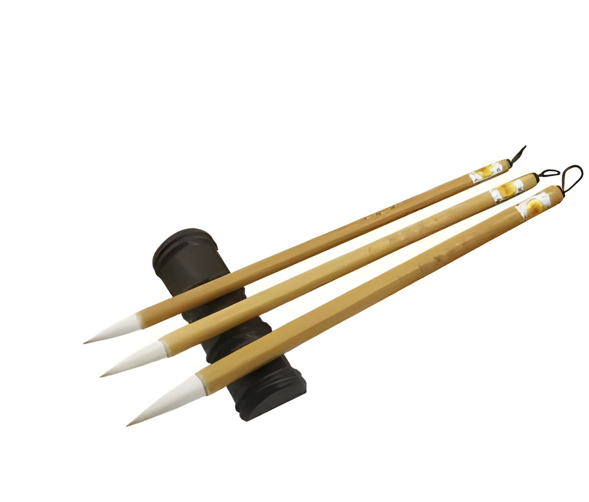 Three Chinese writing brushes with bamboo handles in large medium small sizes
