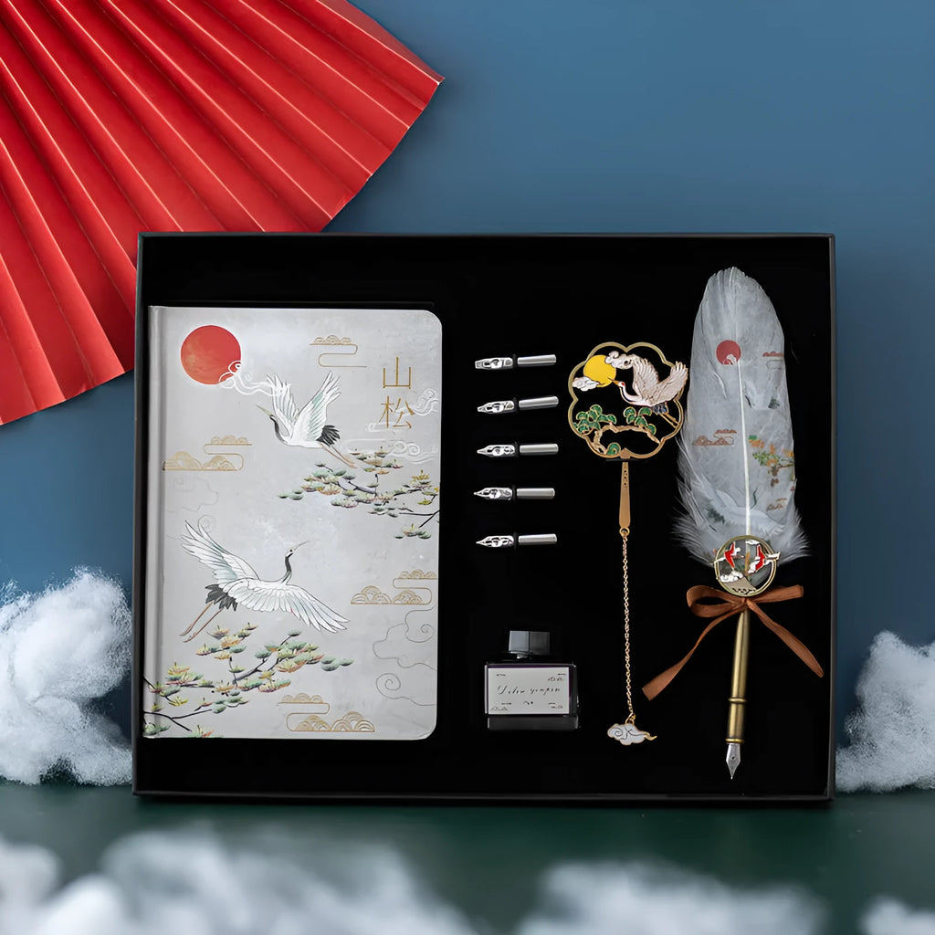 Chinese style feather pen set with four colour options and matching Jianhegui notebook