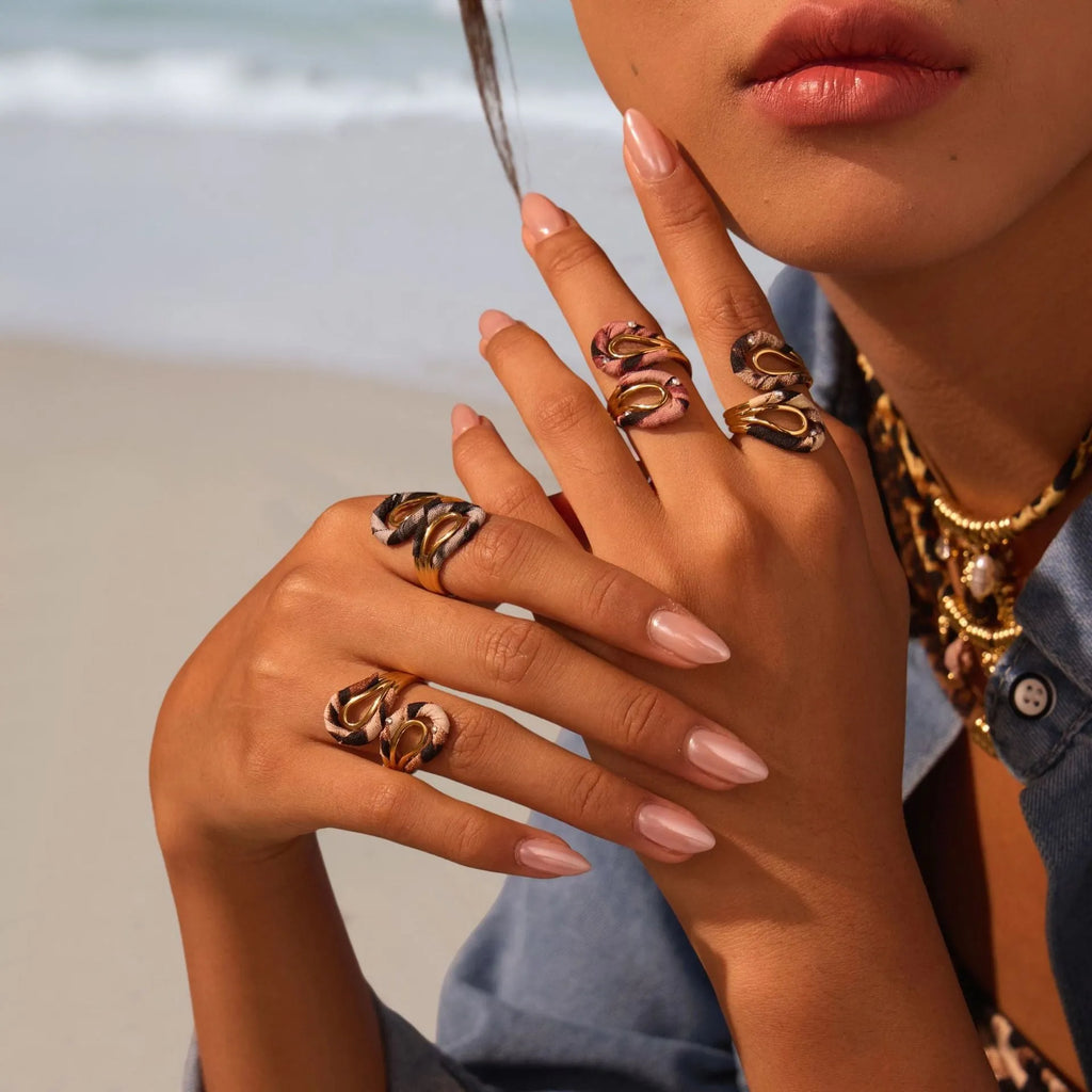 Leopard series stainless steel open mouth adjustable ring with geometric designs