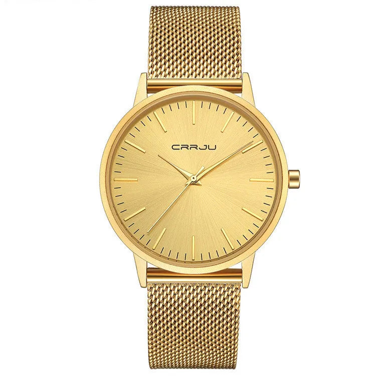 Casual quartz watch with alloy case, plexiglass mirror, and choice of mesh, leather or steel strap.