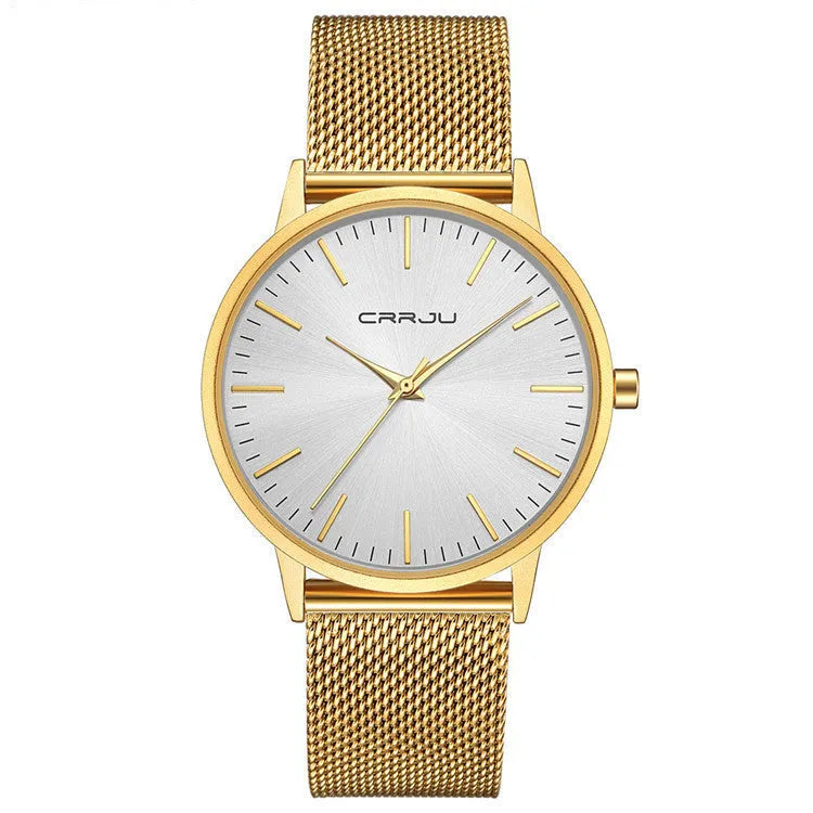 Casual quartz watch with alloy case, plexiglass mirror, and choice of mesh, leather or steel strap.